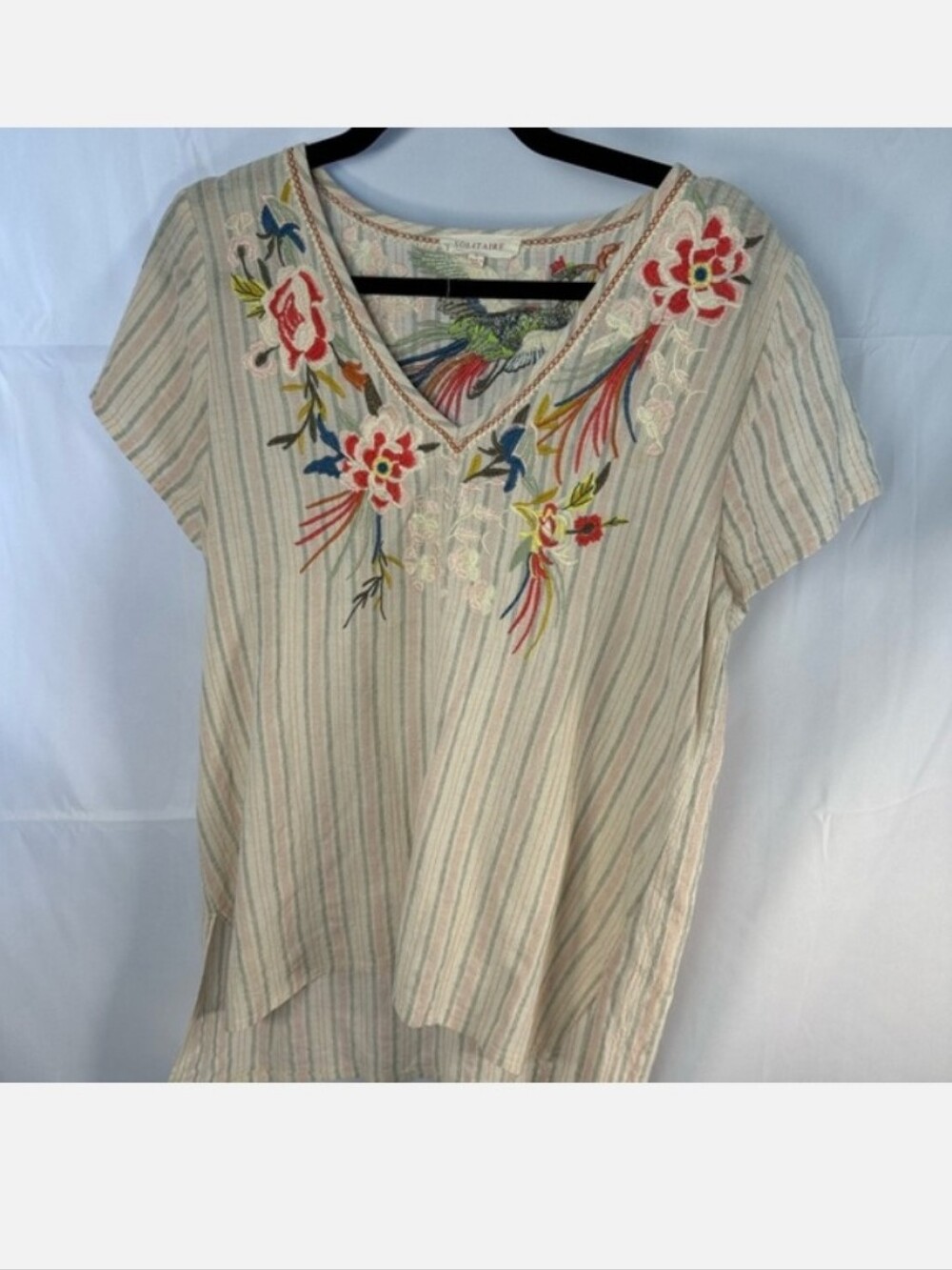 Solitaire Striped V-Neck Blouse with Multicolor Floral Embroidery